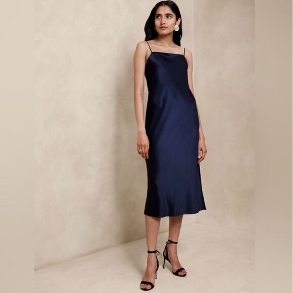 Banana Republic Edina Silk Midi Dress Navy Blue 100% Silk Size Large - Picture 1 of 9